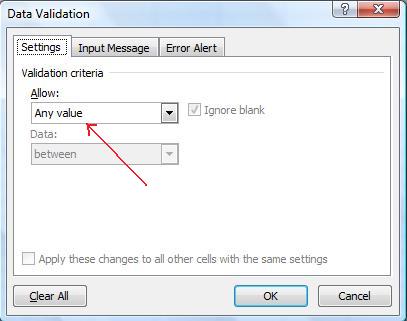 The data validation dialog box