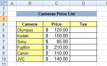 A caemras table in Excel for calculating tax rate