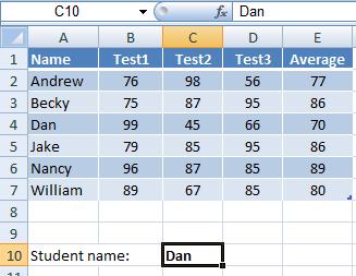 A table with data with a student name to look for